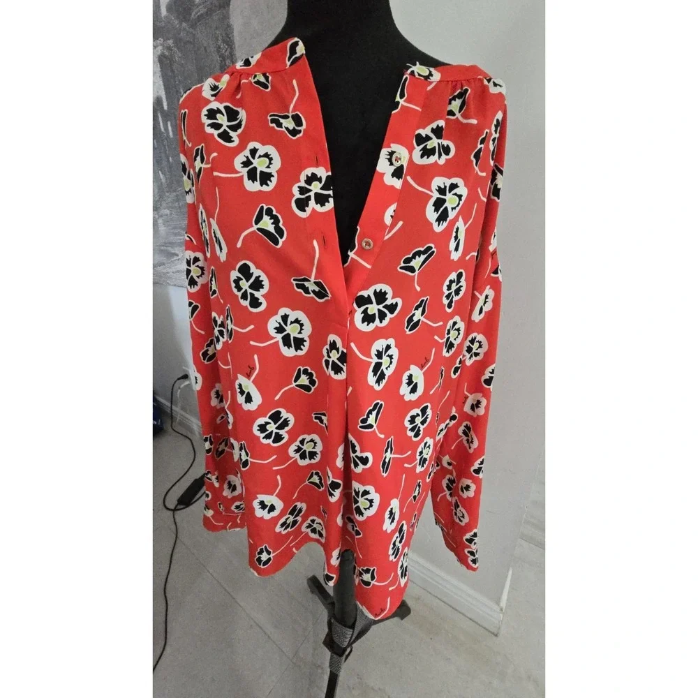 Juicy Couture Reddish Orange Black Floral Top 1/2 Button Pullover Women's SZ‎ L